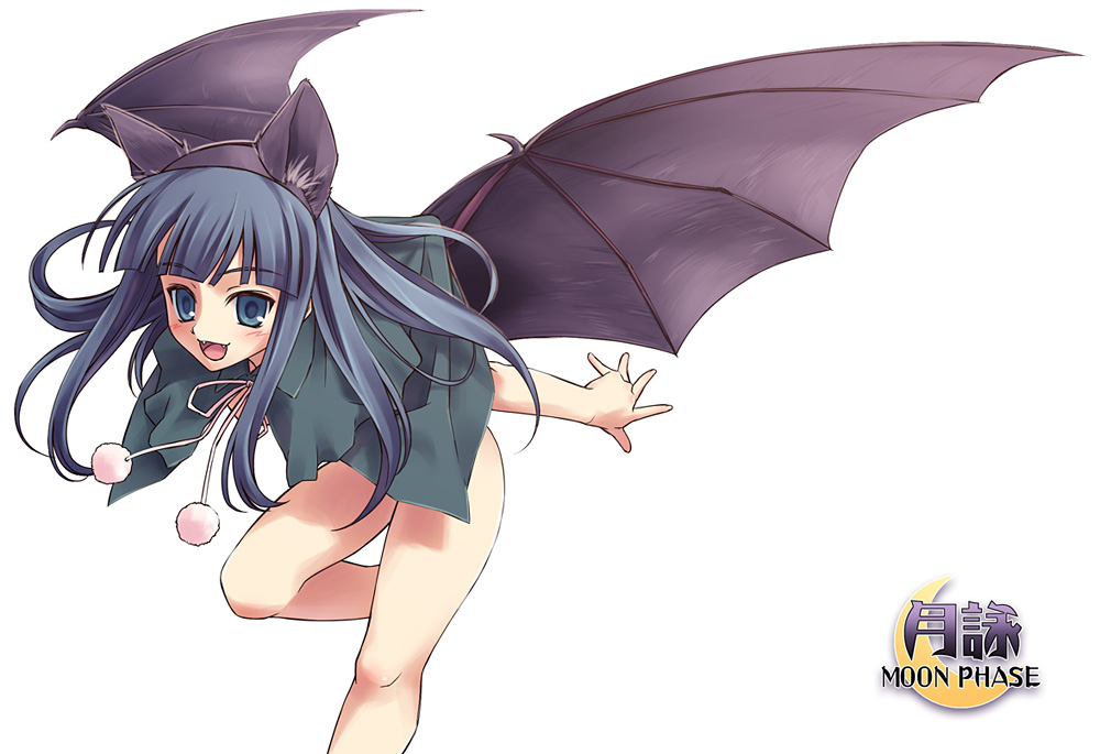 1girls animal_ears bat_ears bat_wings blue_eyes blue_hair bottomless cat_ears cute_fang demon_wings female hazuki_(tsukuyomi) long_hair solo tsukuyomi_moonphase wings