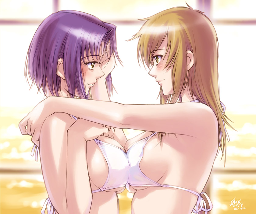 2girls bikini bikini_top blonde_hair blush breast_press breasts dated eye_contact female hand_on_face hand_on_shoulder looking_at_another maria-sama_ga_miteru multiple_girls mutual_yuri purple_hair sameha_ikuya sei_satou sideboob smile swimsuit symmetrical_docking yellow_eyes youko_mizuno yuri