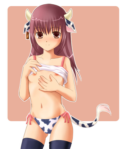 animal_ear black_legwear black_thighhighs blush breasts camisole cow_accoutrements cow_ear cow_girl cow_print cow_tail horns navel panties print_panties purple_hair red_hair shirt_lift side-tie_panties tail thighhighs underwear