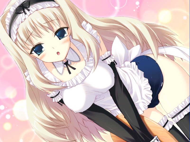 :o apron bent_over black_legwear black_thighhighs blonde_hair blue_eyes blush detached_sleeves game_cg garters kawata_hisashi kusugawa_sasara long_hair maid one-piece_swimsuit school_swimsuit solo stockings swimsuit swimsuit_under_clothes thighhighs to_heart_(series) to_heart_2