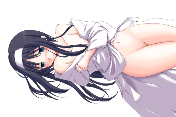 bare_shoulders black_hair blue_eyes blush bottomless crossed_arms hairband long_hair lying navel open_robe solo tohno_akiha toono_akiha tsukihime type-moon