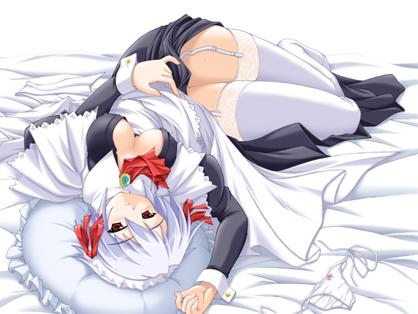 akimoto_dai bed bend blue_hair blush bow bow_panties brooch dress erect_nipples jewelry kotonomiya_yuki lace lace-trimmed_thighhighs lying maid no_bra no_panties open_clothes open_shirt panties pillow red_eyes shirt short_hair side-tie_panties skirt skirt_lift solo suigetsu thighhighs underwear white_legwear white_panties white_thighhighs zettai_ryouiki