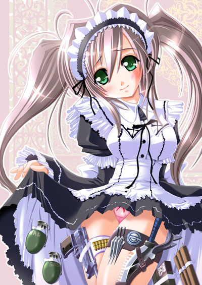 blush bow bow_panties combat_maid dress dress_lift dynamite explosive explosives frills gown_lift green_eyes grenade gun handgun headdress knife laughing_man lingerie maid panties petticoat pink_panties pistol standing thigh_strap tied_hair twintails underwear weapon yokoyama_naoki