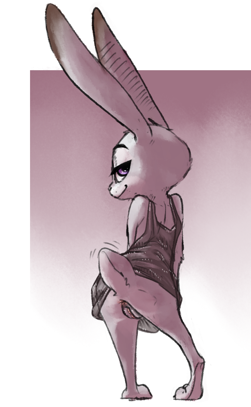 2018 anthro anus ass bedroom_eyes border clitoris clothed clothing dipstick_ears disney dress female gradient_background half-closed_eyes judy_hopps lagomorph looking_back mammal naughty_face no_panties no_underwear nobby_(artist) pose presenting presenting_hindquarters presenting_pussy purple_eyes pussy rabbit rear_view seductive simple_background solo standing white_border zootopia