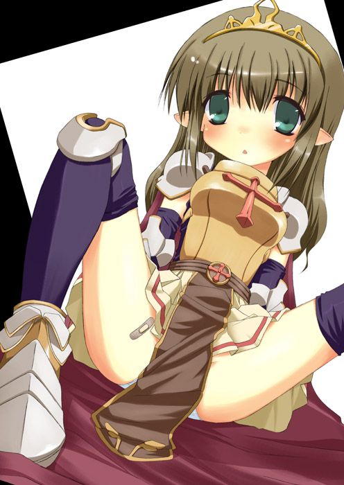 armor armored_dress brown_hair elf_ears female green_eyes knight knight_(ragnarok_online) lord_knight pointy_ears ragnarok_online spread_legs tabard thighhighs upskirt wagiwogi