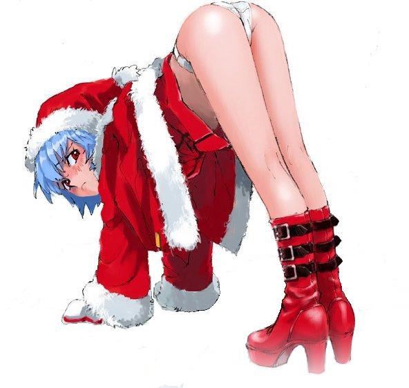 ass bent_over blue_hair blush boots buckle buckles christmas clothing female female_only hair hands_reach_floor high_heels human jpeg_artifacts neon_genesis_evangelion panties red_eyes rei_ayanami santa santa_costume shibata_masahiro shoes short_hair solo top-down_bottom-up underwear white_panties