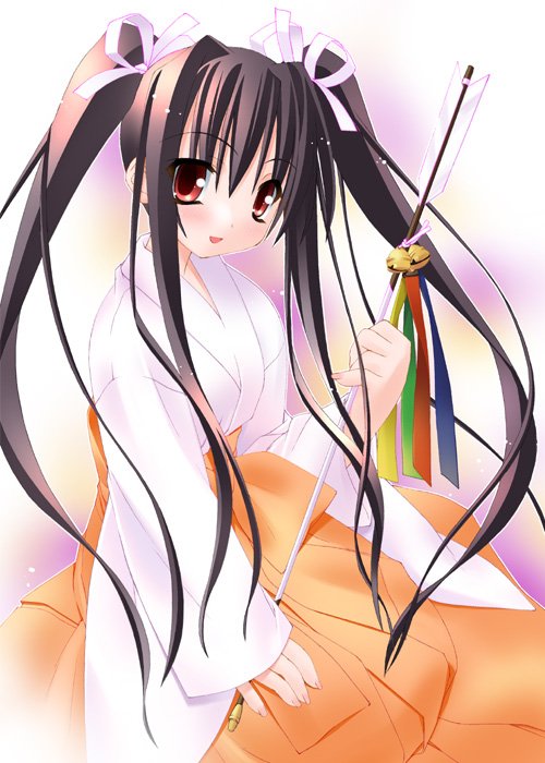 bell black_hair hair_ribbon hakama hamaya japanese_clothes kannagi_rei long_hair miko red_eyes ribbon tied_hair twintails