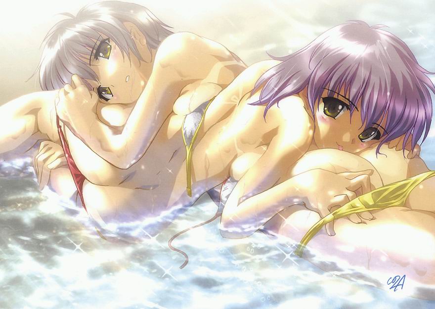 2girls ass bikini bikini_pull buttsnuggle color female hair head_on_ass komatsu_eiji multiple_girls panties panty_pull purple_hair swimsuit tan tanline yellow_eyes yuri