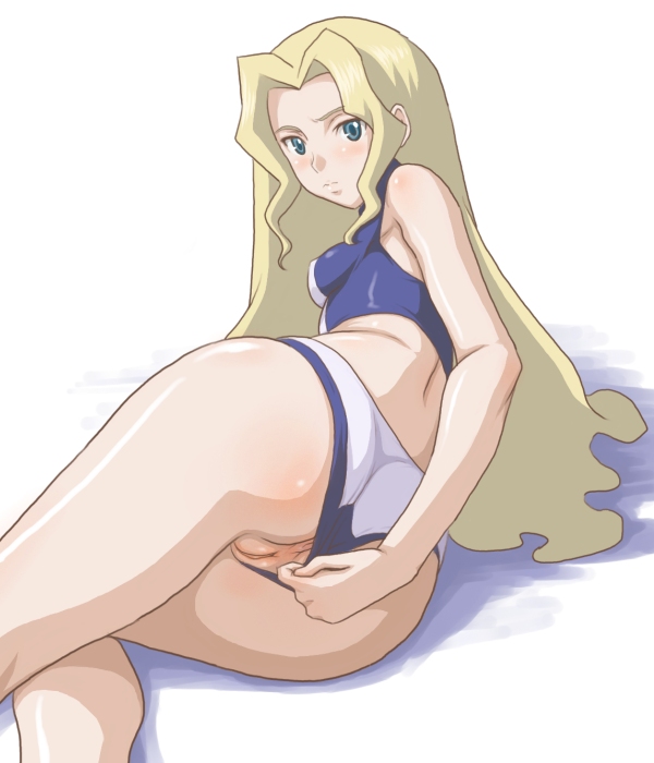 ass bikini bikini_aside blonde_hair lying on_side panties panty_pull pussy silvia_ban solo solty_rei swimsuit tofu_(artist) uncensored underwear