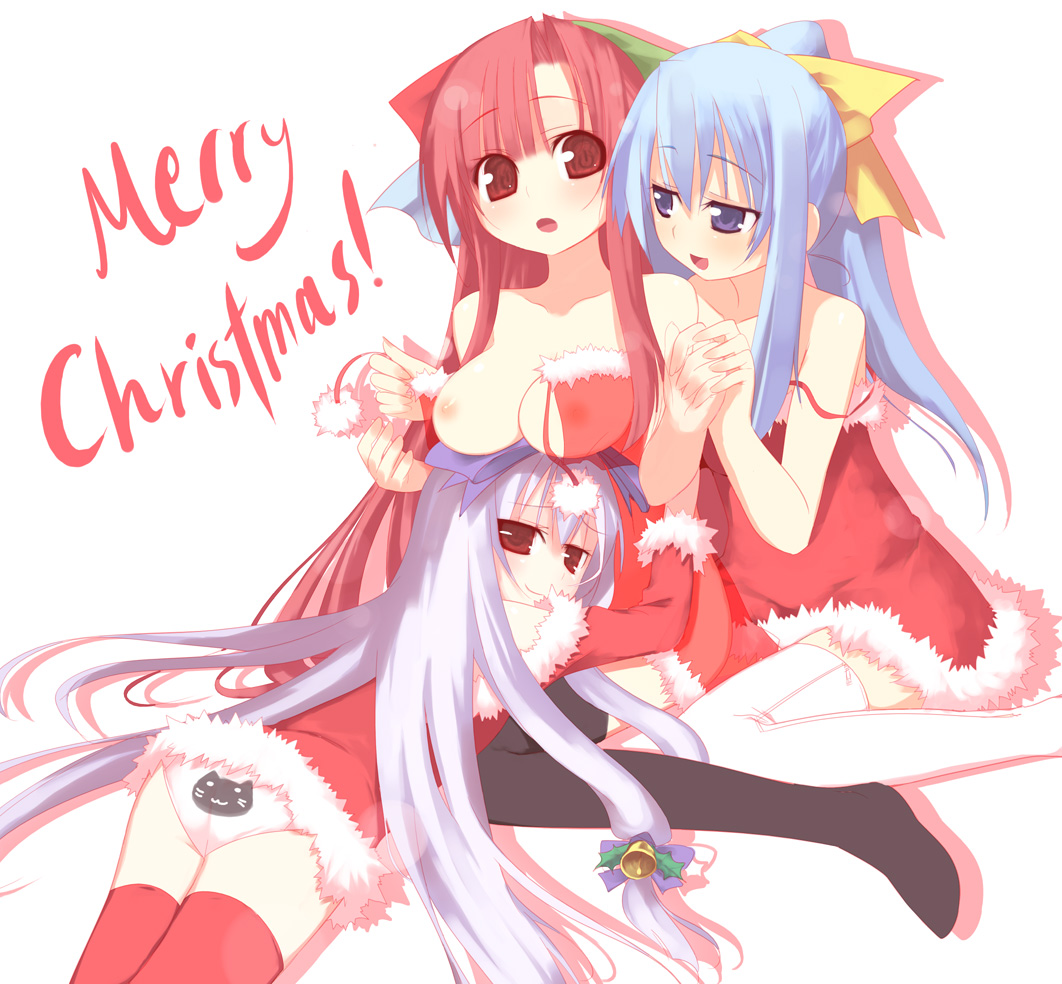 3.1-tan 3girls 95-tan ass bell black_legwear black_thighhighs blue_eyes blue_hair blush bow bows breast_rest breasts breasts_on_head brown_eyes brown_hair cat_print cathead christmas dress feline female female_only hairbow kashiwamochi_yomogi long_hair looking_back lying microsoft microsoft_windows multiple_girls nt-tan on_stomach open_clothes open_dress open_shirt os-tan panties pink_panties ponytail print_panties santa_costume see-through shirt sitting strap_slip text thighhighs tied_hair underwear very_long_hair white_legwear white_thighhighs windows_3.1 windows_95 windows_nt