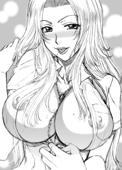 1girls bleach blush breasts female hanzaki_jiro hanzaki_jirou huge_breasts large_breasts long_hair matsumoto_rangiku mole monochrome open_clothes open_shirt shirt solo