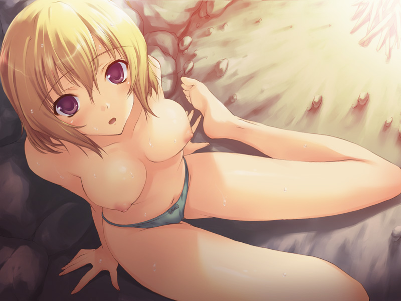 1girls bad_feet blonde_hair breasts cute error feet female female_only gundam gundam_seed gundam_seed_destiny hair mugenkidou nipples panties purple_eyes short_hair solo stellar_loussier sweat thighs tomose_shunsaku topless underwear wrong_feet