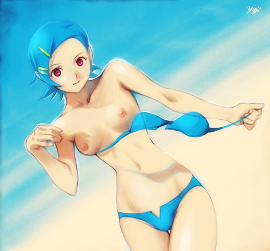 1girls beach bikini blue_hair breasts color eureka eureka_7 eureka_seven eureka_seven_(series) female flat_chest hairclip kobayashi_yuji kobayashi_yuuji lowres nipples panties red_eyes smile solo standing swimsuit topless underwear undressing