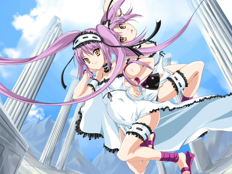 2girls breasts character_doll dress euryale euryale_(fate) fate/grand_order fate/hollow_ataraxia fate/stay_night fate_(series) frills leg_garter lolita_fashion multiple_girls outdoors pillar pink_hair sandals siblings sisters small_breasts stheno_(fate) twins twintails yellow_eyes yokomizo_daisuke