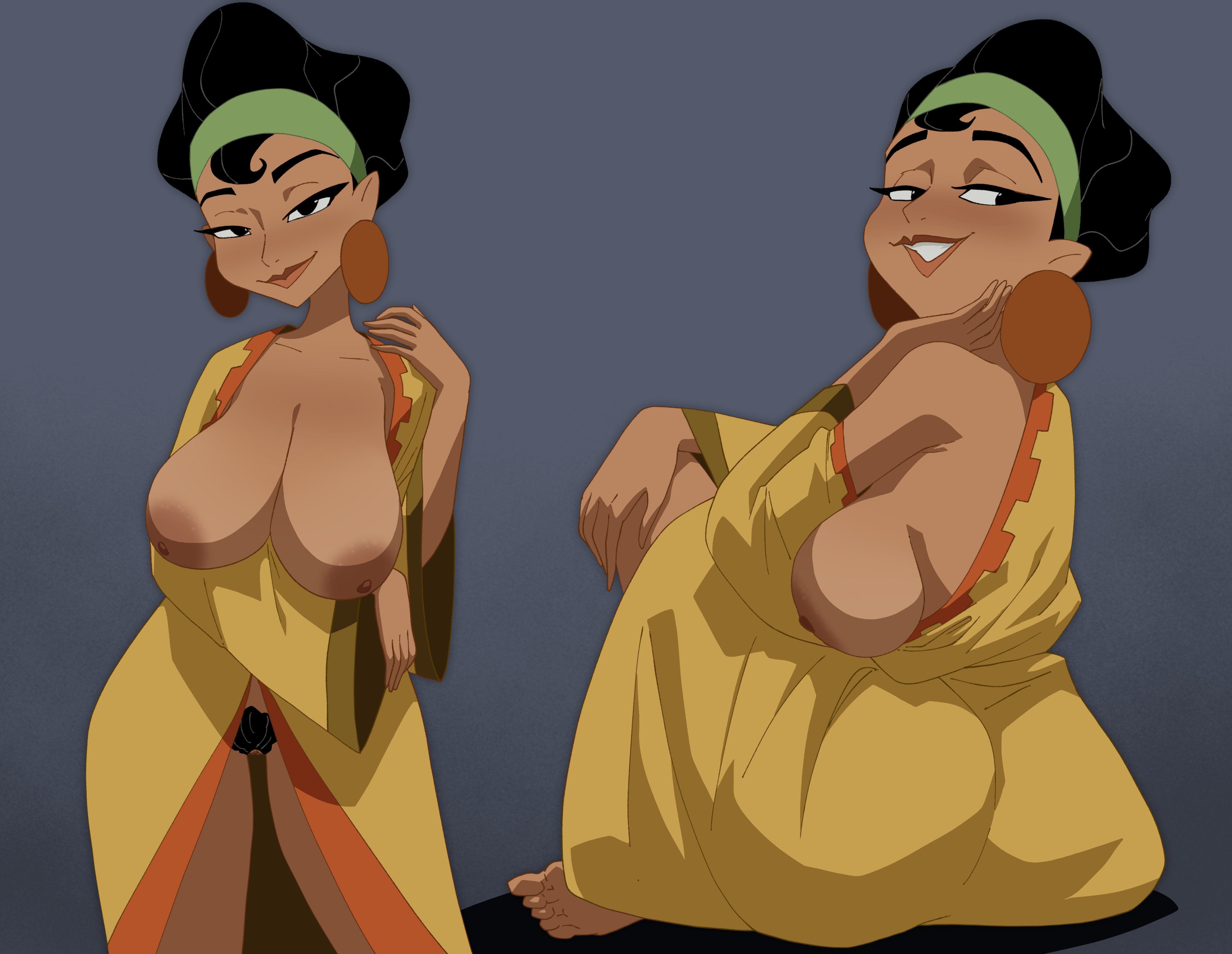 1girls, big breasts, black hair, blush, breasts, breasts out, chicha (disney), coolerinker, dark skin, dark-skinned female, disney, earrings, female, female only, hairband, inkershike, latina, mature female, milf, mother, native, pacha, partially clothed, peruvian, peruvian female, solo, the emperor's new groove