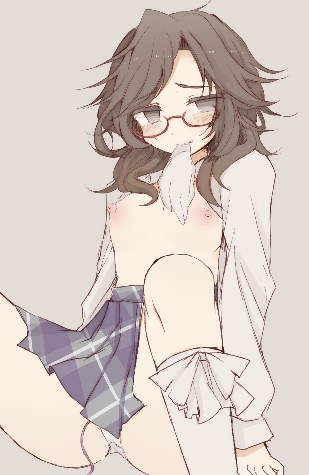 areolae blush breasts brown_eyes brown_hair egg_vibrator female glasses long_hair looking_at_viewer nipples open_clothes pussy_juice sitting small_breasts solo sui_(aruko91) sumireko_usami touhou underwear vibrator_under_clothes wavy_hair