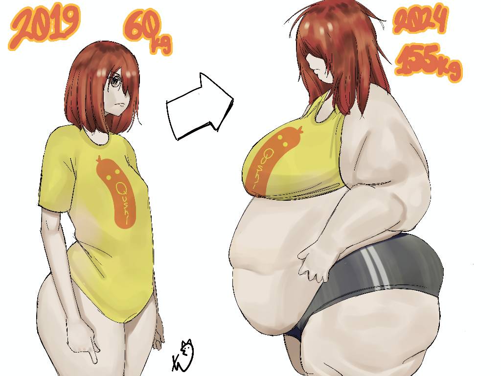 1girls, age difference, bbw, before and after, belly overhang, belly rolls, double belly, dual persona, expansion, fat, fat arms, fat belly, fat female, fat rolls, female, female only, flabby arms, height difference, huge belly, looking at another, looking at each other, morbidly obese, morbidly obese female, obese, obese female, outgrowing clothes, oversized clothes, overweight, overweight female, qqushiouo, sequence, side view, sideass, size difference, thick, thick thighs, tight clothing, transformation, undersized clothes, weight difference, weight gain, weight gain sequence