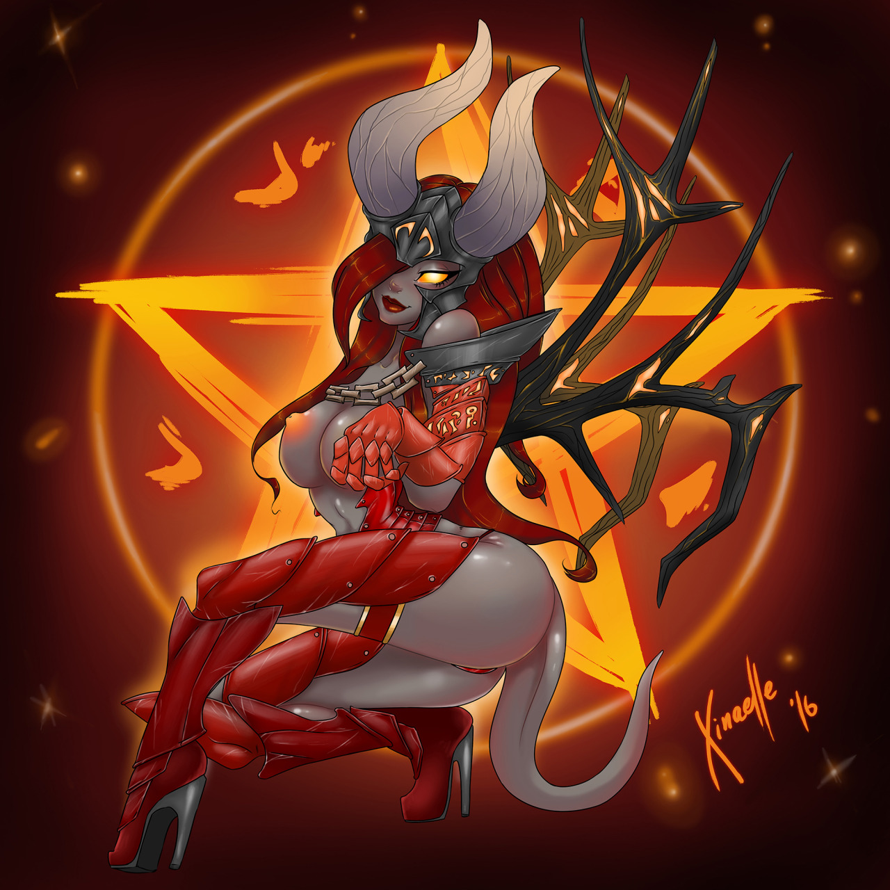 1girls, 2016, armor, big breasts, breasts, chain, demon, demon girl, doom (lucifer), dota, dota 2, female, hair, headgear, heels, helmet, horns, lipstick, long hair, nipples, orange eyes, panties, red hair, rule 63, solo, tail, wings, xinaelle