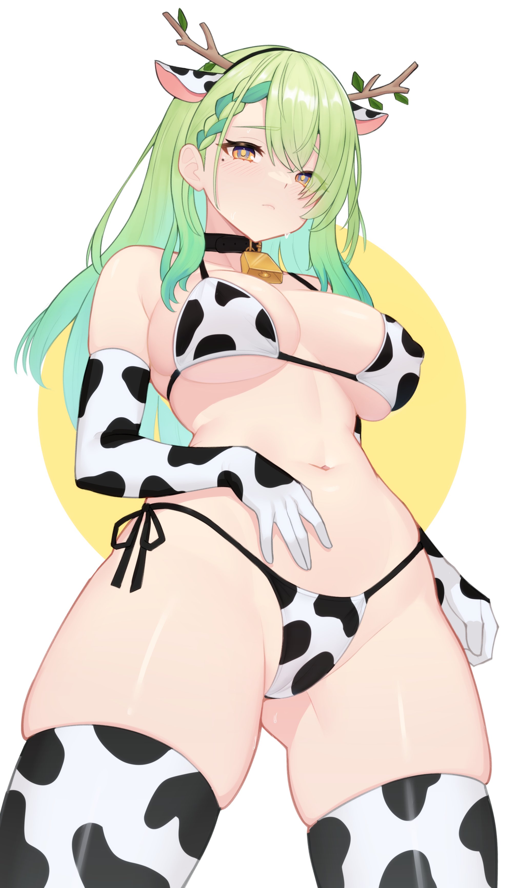 armwear, bangs, braid, breasts, ceres fauna, choker, cow bikini, cow ears, cow print, cow print armwear, cow print bikini, cow print thighhighs, cowbell, female, gloves, green hair, hololive, hololive english, hololive english -council-, hololive english -promise-, large breasts, long gloves, mole, mole under eye, moursho, thighhighs, thighs, thong, virtual youtuber, yellow eyes