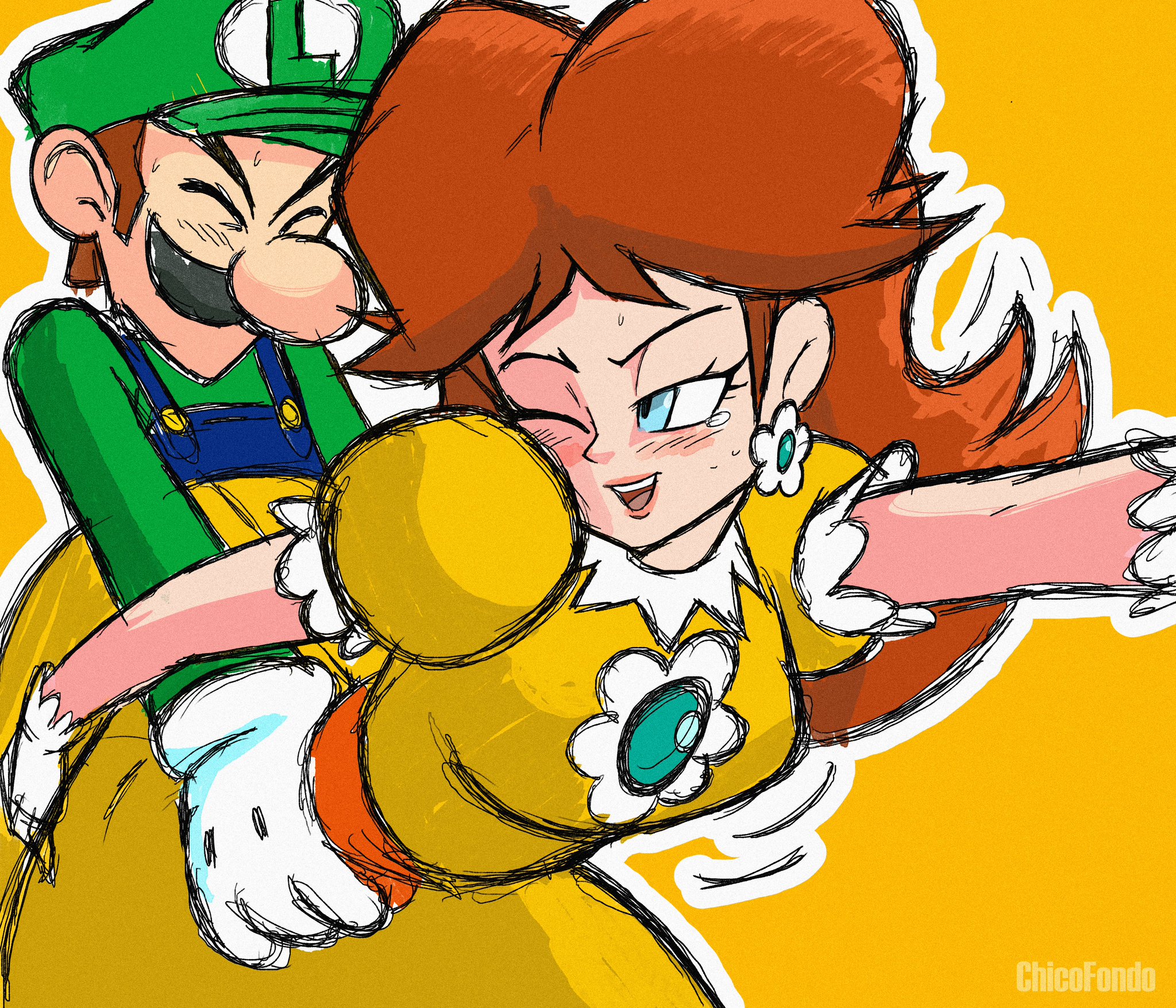 1boy, 1girls, blue eyes, blue overalls, blush, brown hair, chicofondo, closed eyes, clothing, doggy style, dress, duo, earrings, eyelashes, facial hair, female, flower earrings, gloves, green hat, green shirt, hands on hips, hat, light skin, light-skinned female, light-skinned male, long hair, looking back, luigi, male, male/female, mario (series), mature, mature female, mature male, moustache, nintendo, one eye closed, open mouth, overalls, princess, princess daisy, royalty, sex, shirt, straight, straight sex, sweat, sweating, voluptuous, voluptuous female, white gloves, yellow background, yellow dress