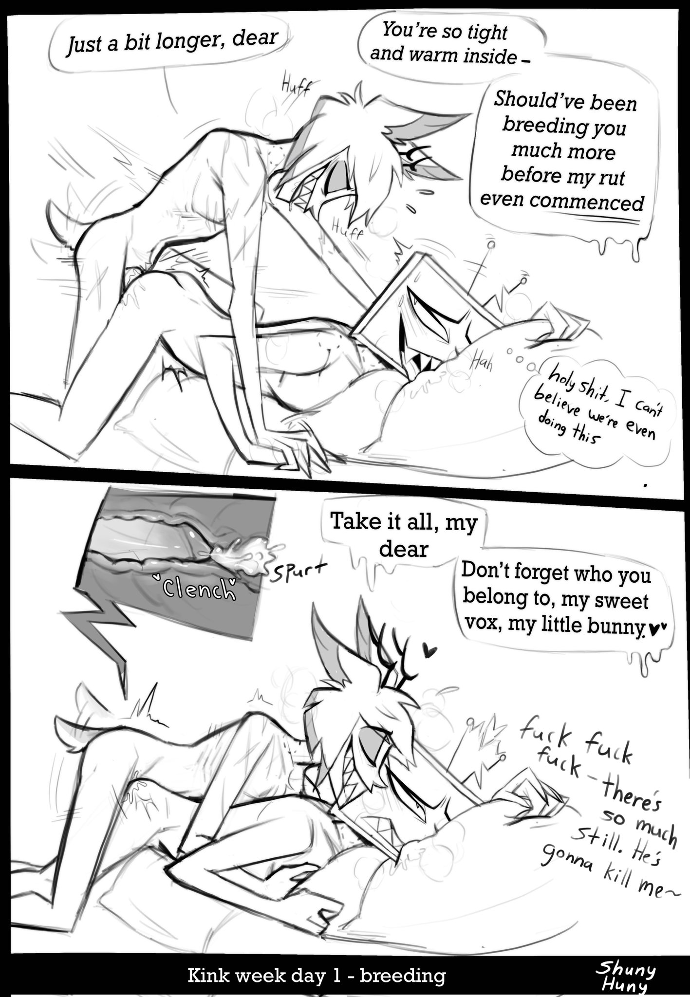alastor (hazbin hotel), ass, breeding, breeding mount, comic, cum, cum in ass, cum in pussy, cum inside, cuntboy, cuntboy/male, dialogue, fast thrusts, gay, gay sex, hazbin hotel, intersex, male, penis, penis in ass, pussy, rough sex, shunyhuny, vox (hazbin hotel)