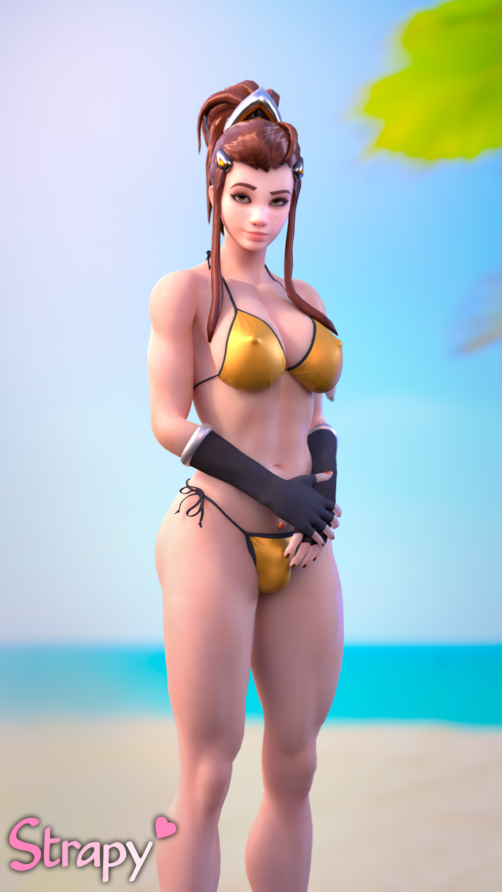 1futa, 3d, bikini, blender, bra, breasts, brigitte, brigitte lindholm, bulge, cleavage, dickgirl, erect nipples, futa only, futanari, intersex, nipples, overwatch, solo, solo futa, strapy