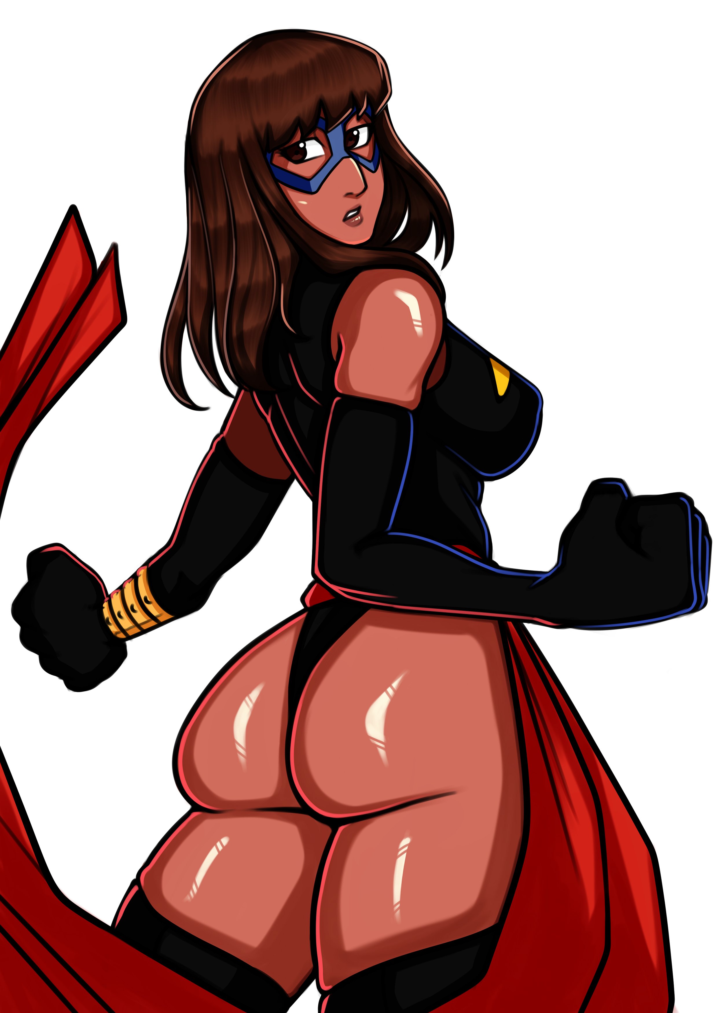 1girls, 2d, ass, big breasts, breasts, brown eyes, brown hair, color, cosplay, dark skin, dark-skinned female, domino mask, female, female only, frank draws, gloves, heroine, human, kamala khan, knarf at night, leotard, long gloves, looking back, marvel, marvel comics, ms. marvel (carol danvers) (cosplay), rear view, sash, solo, superhero costume, superheroine