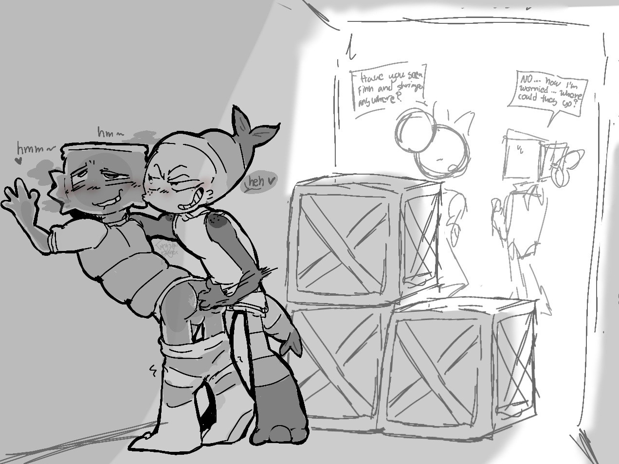 2boys, artist request, dandy's world, finn (dandy's world), gay, hidden sex, male, male/male, no color, ship, shrimpo (dandy's world), sketch, sketchy, tagme