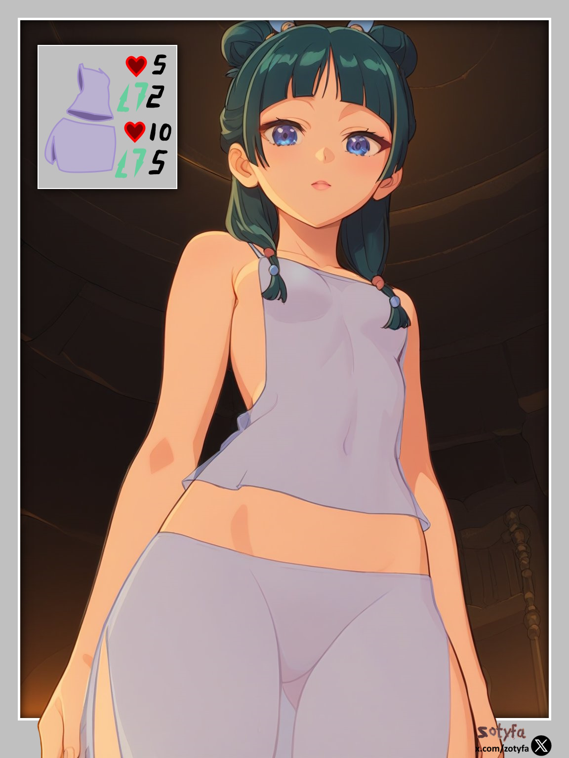 1girls, ai generated, breasts, female, female only, kusuriya no hitorigoto, maomao (kusuriya no hitorigoto), small breasts, transparent clothing, underwear, zotyfa