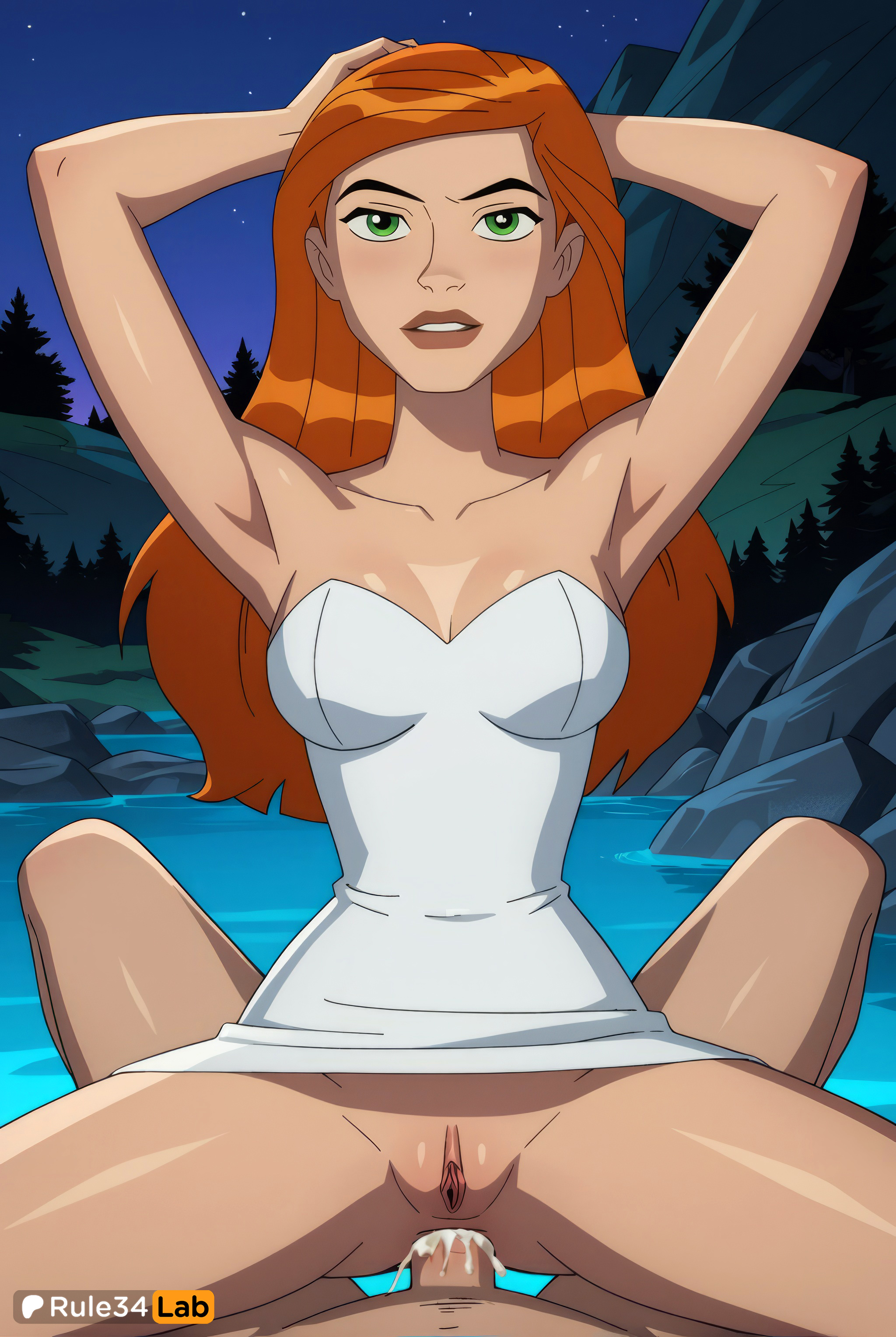 1boy, 1girls, ai generated, anal, anal sex, armpits, arms up, artist name, ass, bare shoulders, ben 10, ben 10 (classic), ben 10 alien force, ben 10 ultimate alien, blush, breasts, cartoon network, cleavage, collarbone, cum, cum in ass, dress, female, green eyes, gwen tennyson, gwen tennyson (alien force), gwen tennyson (classic), gwen tennyson (ultimate alien), hi res, long hair, looking at viewer, male, medium breasts, naked towel, night, open mouth, orange hair, outdoors, penis, pov, pussy, rule34lab, sex, shiny skin, sky, solo focus, spread legs, star (sky ), starry sky, straddling, straight, strapless, strapless dress, teeth, towel, tree, uncensored, upper teeth, warner bros, warner brothers, water, watermark, white dress, younger female