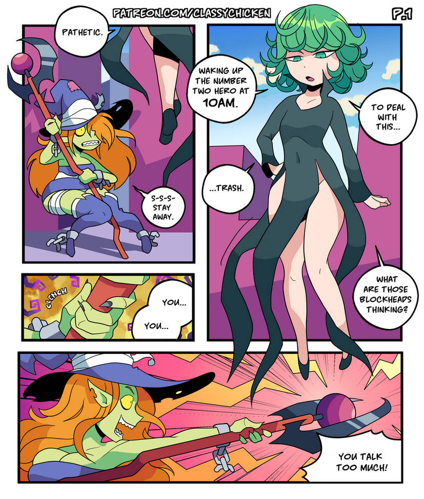 2girls annoyed annoyed_expression bare_thighs casting classychicken34 comic curvy curvy_female dialogue_bubble dress english_text female green_eyes green_hair high_heels hips one-punch_man patreon_url petite petite_female small_ass small_breasts small_thighs tatsumaki tsundere weight_gain_sequence witch witch_hat