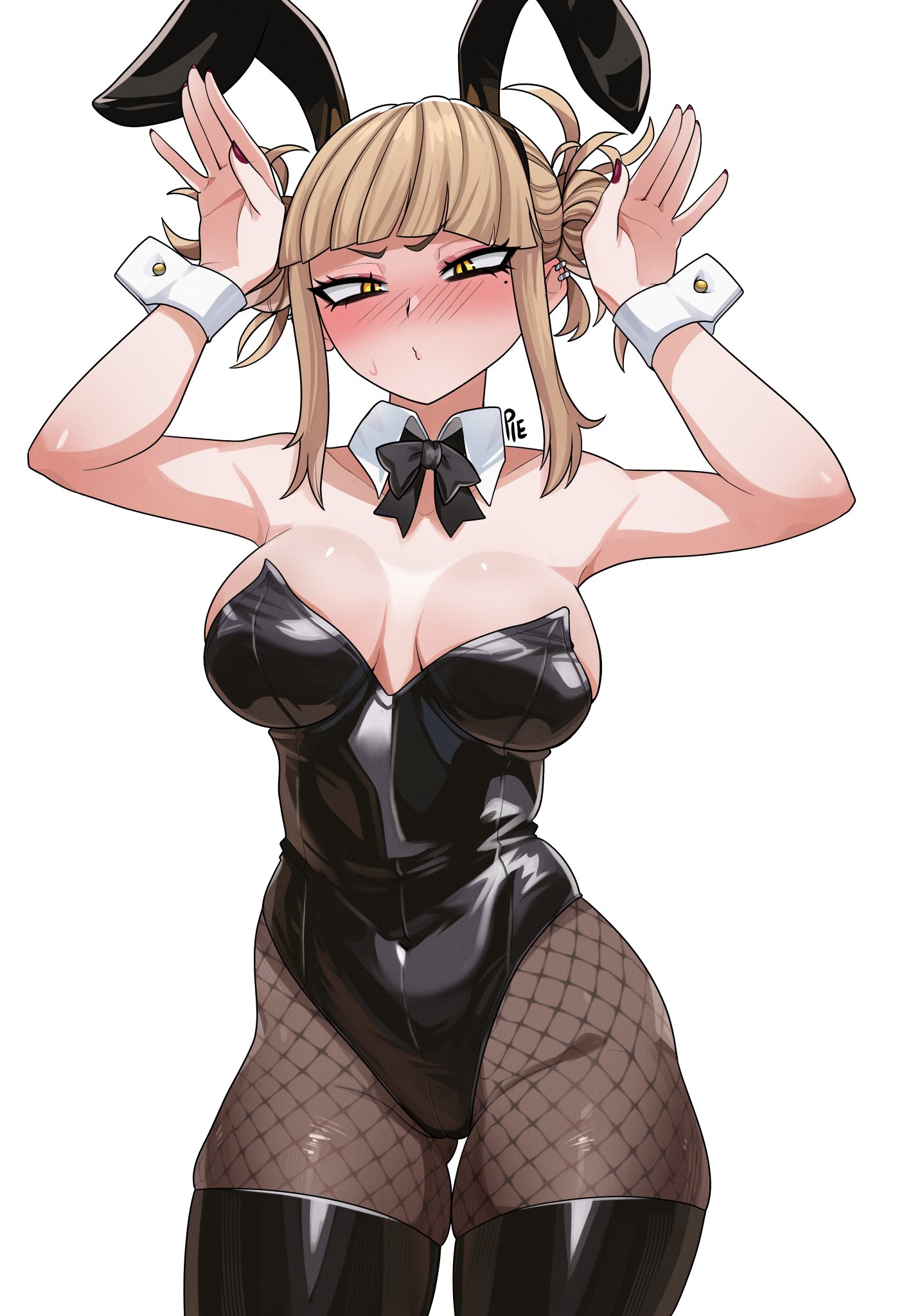 1girls, alternate costume, animal ear hairband, animal ears, big breasts, black boots, black hairband, black leotard, black pantyhose, blonde, blonde female, blonde hair, blonde hair female, blonde-haired female, blush, blush lines, blushing, boku no hero academia, boots, breasts, bunny ears, bunny girl, bunnysuit, collared shirt, fake animal ears, female, female only, fishnet pantyhose, fishnets, hairband, hands up, highleg, highleg leotard, highres, himiko toga, large breasts, leotard, looking at viewer, messy hair, my hero academia, pantyhose, pietheunusual, rabbit ears, red nails, sexy, shirt, simple background, slit pupils, solo, strapless, strapless leotard, thigh boots, thighhighs over pantyhose, toga himiko, unusualpie, white background, wrist cuffs, yellow eyes, yellow eyes female, yellow-eyed female