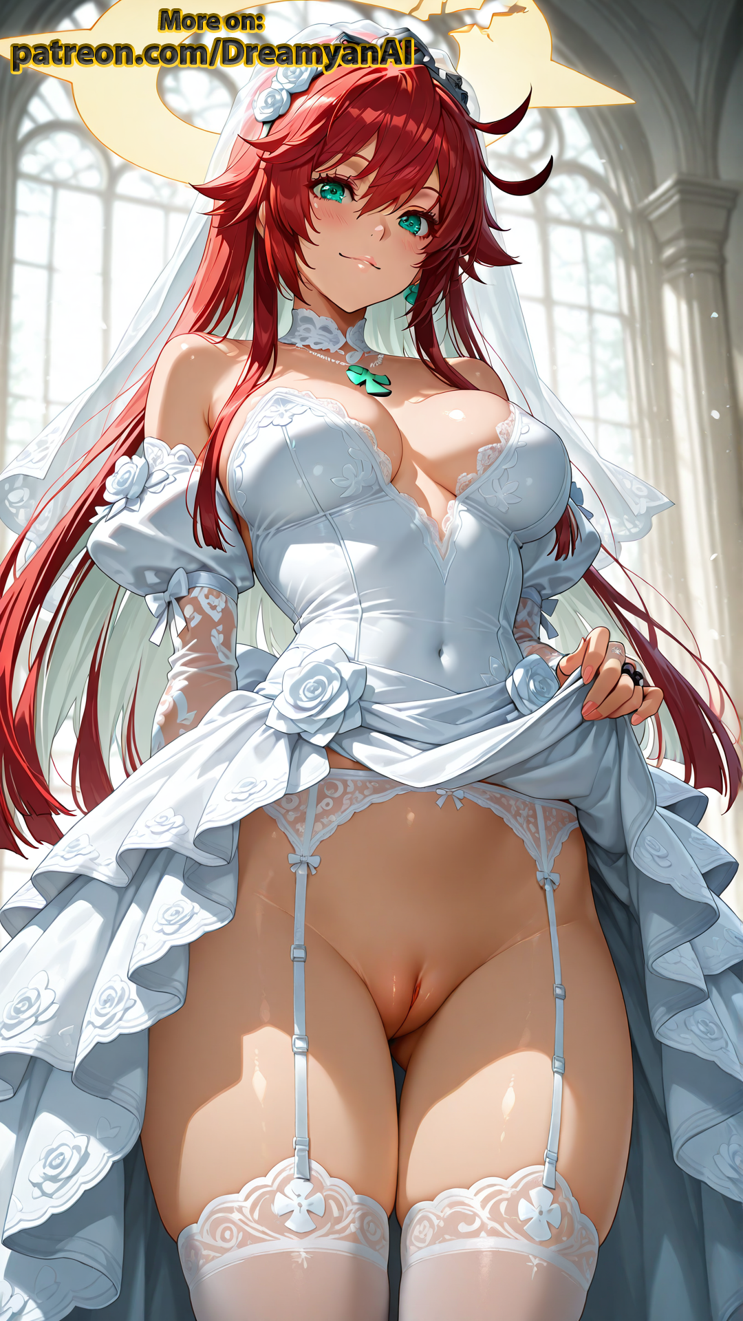 ai generated, anime, anime style, ass, big ass, big breasts, blush, breasts, dreamyan ai, female, green eyes, guilty gear, guilty gear strive, halo, highres, jack-o' valentine, legs, long hair, pussy, red hair, showing pussy, uncensored, vagina, wedding dress