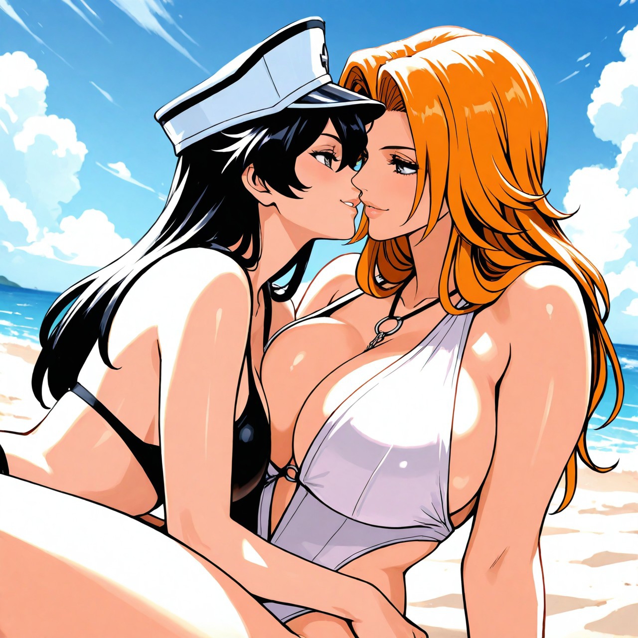 2girls, ai generated, bambietta basterbine, big breasts, black hair, bleach, bleach: the thousand-year blood war, breasts, female, female on female, huge breasts, kissing, matsumoto rangiku, orange hair, swimsuit, yuri