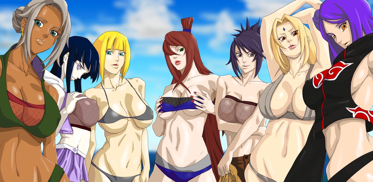 6+girls, 7girls, beach, bikini, black hair, blonde hair, breasts, brown hair, cleavage, dark skin, dark-skinned female, female, female only, fully clothed, hyuuga hinata, konan, large breasts, long hair, looking at viewer, mabui, mattsunart, mei terumi, mitarashi anko, multiple females, multiple girls, nail polish, naruto, naruto (series), naruto shippuden, purple hair, revealing clothes, samui, silver hair, swimsuit, tsunade