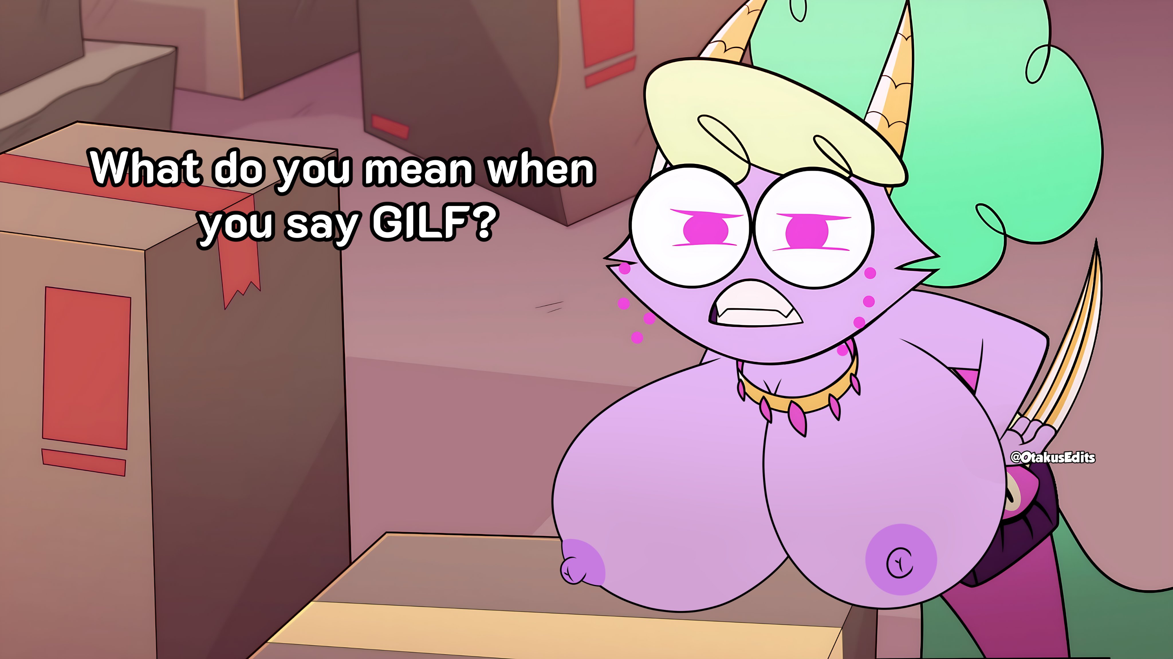 accurate art style, big breasts, boxes, breasts, edit, feline, female, glasses, green hair, helluva boss, horns, long fingernails, long nails, nipples, otakusedits, purple eyes, purple fur, purple nipples, rita (helluva boss), screenshot edit, tagme, tail, topless, topless female, vivienne medrano, vivziepop, yellow hair