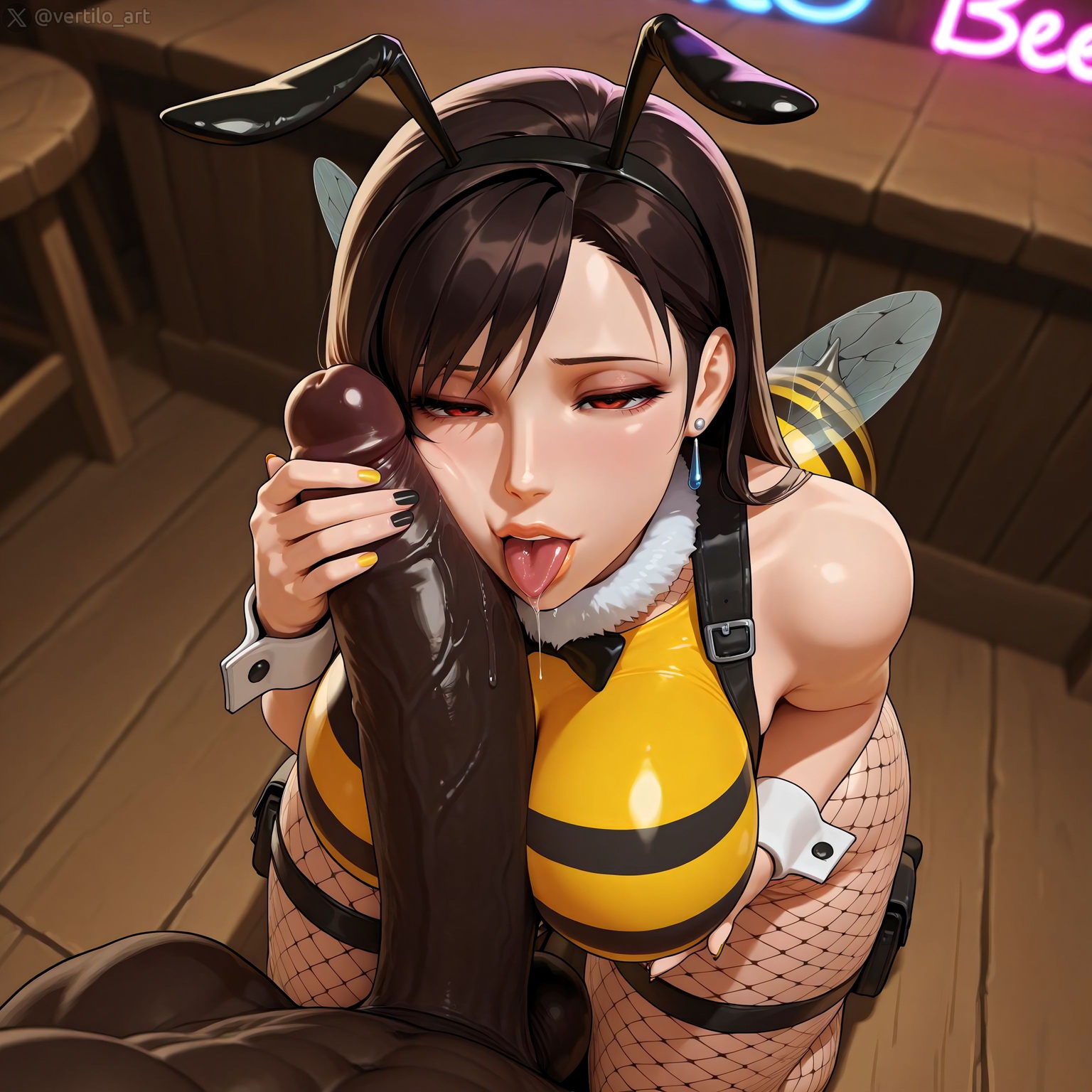 1boy, 1girls, ai generated, bee costume, bee girl, breasts, canon, dark skin, dark-skinned male, female, final fantasy, fishnet legwear, fishnets, honey bee, honey bee inn, huge cock, interracial, kneeling, large breasts, large penis, leotard, male, penis, penis on face, penis worship, tifa lockhart, tongue, tongue out, vertiloart