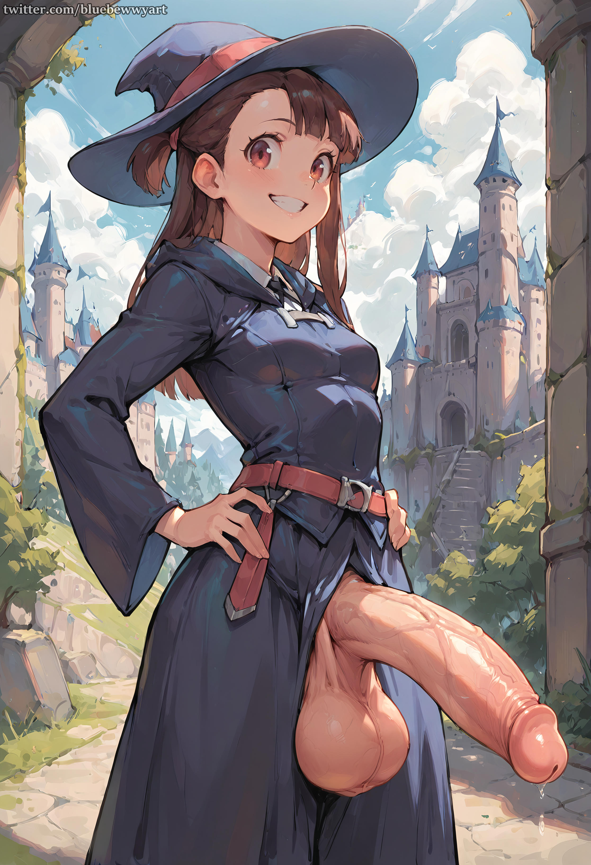 1girls, ai generated, atsuko kagari, balls, bluebewwy, breasts, erection, female, futanari, hands on hips, hat, huge cock, intersex, little witch academia, long hair, looking at viewer, outdoors, penis, small breasts, smile, solo, testicles, veiny penis, witch