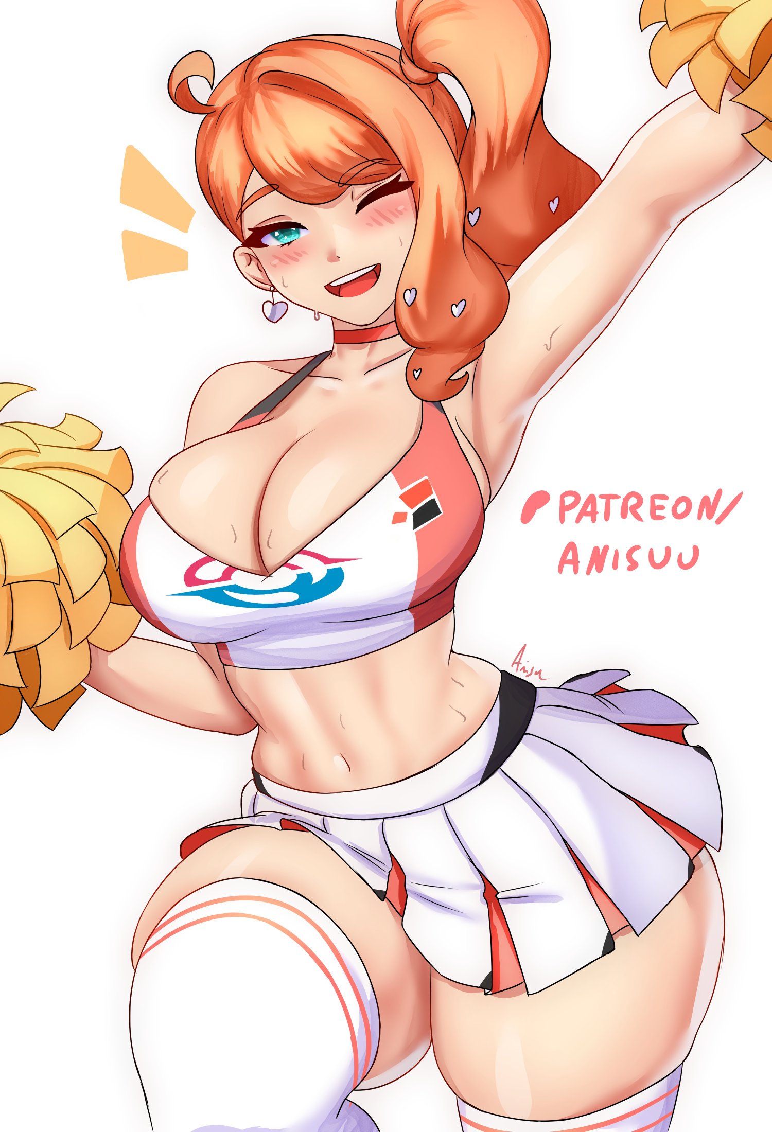 1girls, absurd res, anisdrawn, breasts, cheerleader, cheerleader uniform, cleavage, female, female focus, female only, hi res, large breasts, light skin, light-skinned female, looking at viewer, midriff, one eye closed, pokemon, pom poms, solo, sonia (pokemon), thick thighs, thighhighs, thighs, wide hips