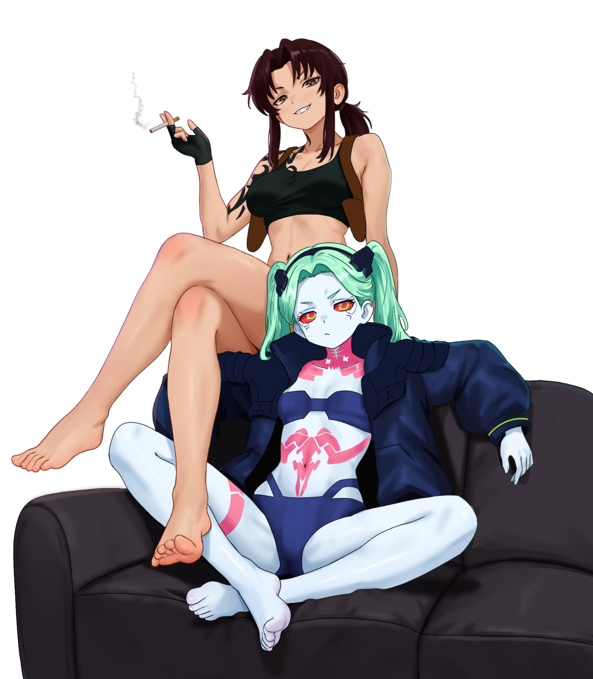 2d, 2d (artwork), 2girls, bare legs, barefoot, black lagoon, breasts, brown eyes, brown hair, cigarette, clothing, colored sclera, colored skin, couch, crossover, cyberpunk 2077, female, female only, fingerless gloves, flat belly, gloves, grey skin, grin, highres, holding, holding cigarette, human, jacket, knees, large breasts, long hair, looking at viewer, multiple females, multiple girls, nihu, on couch, outerwear, pale skin, ponytail, rebecca (edgerunners), red sclera, revy, revy (black lagoon), simple background, sitting, small breasts, smile, smiling, smoking, smug, smug face, smug grin, soles, solo, spread legs, tattoo, tattoos, teal hair, thick thighs, thighs, tied hair, toes, twintails, unimpressed, white background