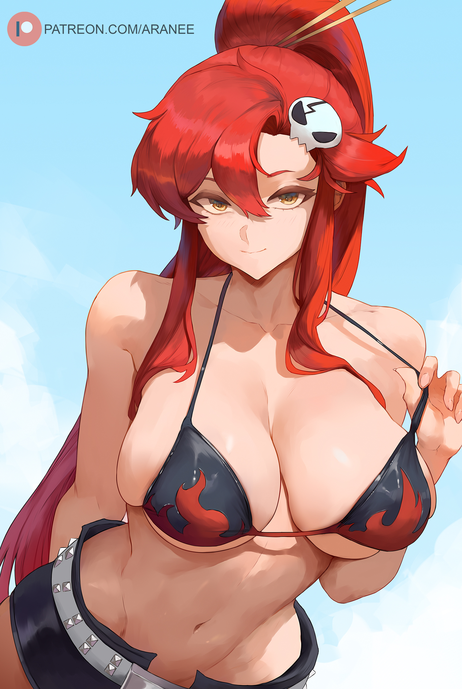 1girls, araneesama, breasts, cleavage, female, female focus, female only, large breasts, light skin, light-skinned female, looking at viewer, midriff, red hair, solo, tengen toppa gurren lagann, wide hips, yoko littner