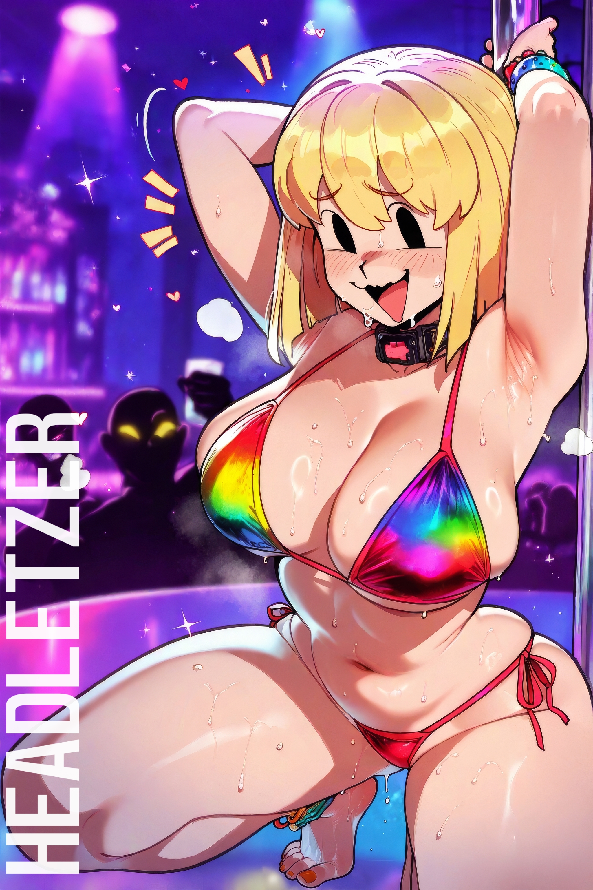 ai generated, club, fallout, female, headletzer, micro bikini, mob face, pole dancing, red micro bikini, spread legs, squatting, strip club, tagme, vault girl