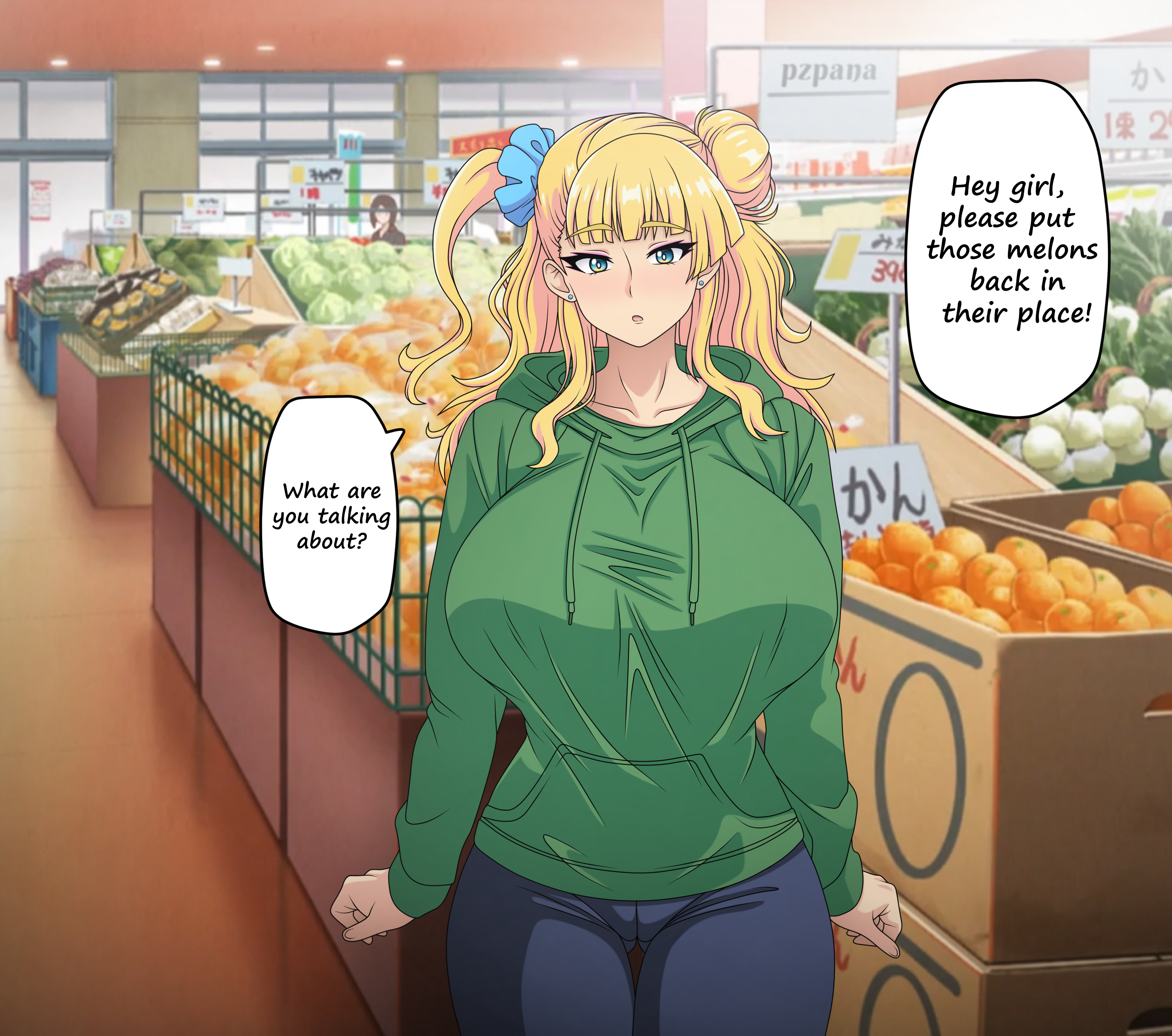 1girls, ass, asymmetrical hair, big ass, big breast humiliation, blonde hair, blue eyes, blue scrunchie, breasts, cleavage window, eyebrows, eyebrows visible through hair, eyelashes, female, female only, fully clothed, galko, grocery store, gyaru, hips, holding clothing, hoodie, huge breasts, inconvenient breasts, large breasts, looking at viewer, market, misunderstanding, oshiete! galko-chan, pierced ears, piercings, pzpana, scrunchie, solo, supermarket, thighs, thighs together, voluptuous, wide hips