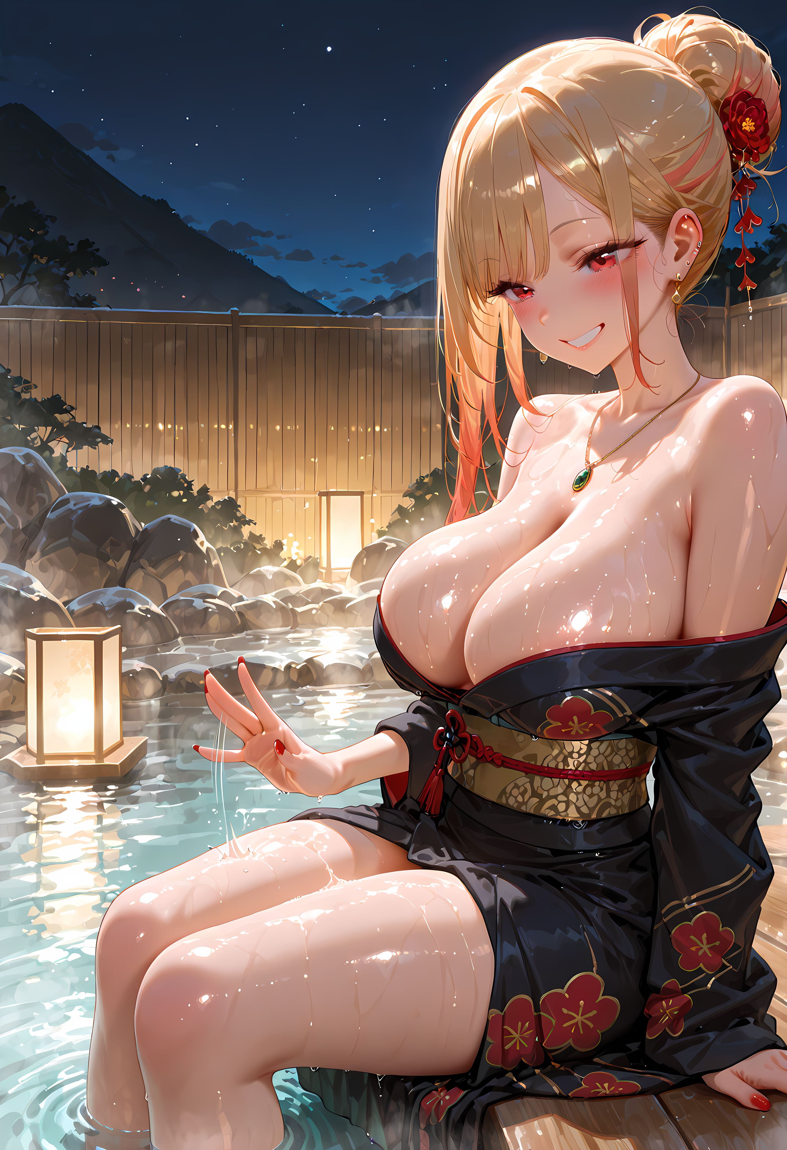 1girls, absurdres, ai generated, aiya ayai, big breasts, blonde hair, blonde to pink hair, blush, breasts, cleavage, curvaceous, curvy, curvy female, female, floral print, full body, hair bun, hi res, highres, huge breasts, kimono, kitagawa marin, large breasts, multicolored hair, nail polish, necklace, night, onsen, red eyes, red nails, shiny skin, smile, soaking feet, sono bisque doll wa koi wo suru, sweat, wet