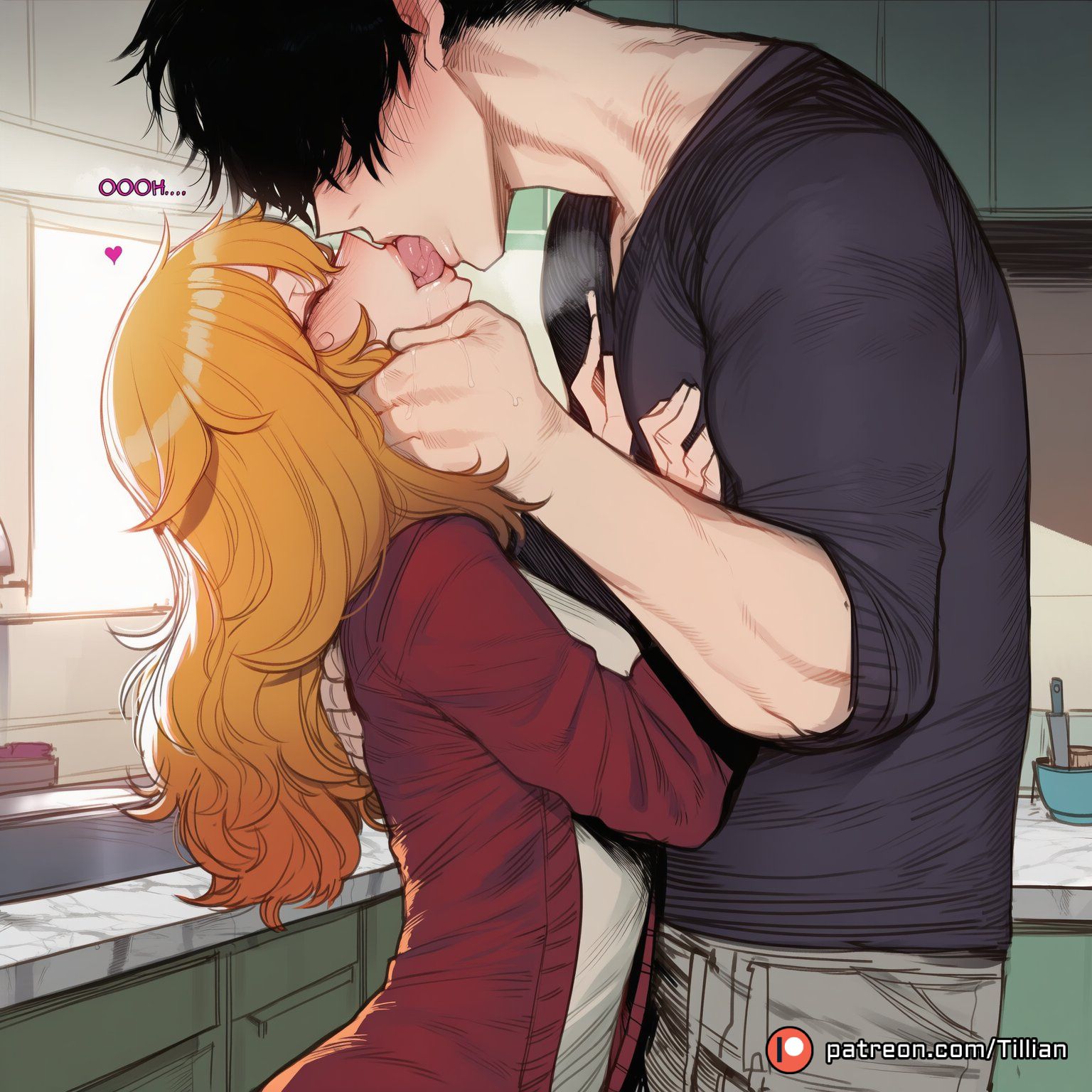 1boy, ai generated, black hair, black shirt, blonde hair, blush, breasts, closed eyes, couple, english text, female, french kiss, from side, gina (solo leveling), hair over eyes, hand on another's chin, height difference, hug, indoors, jacket, kissing, kitchen, long hair, male, orange hair, pants, patreon logo, patreon username, red jacket, saliva, shirt, short hair, sink, solo leveling, straight, tillian, tongue, tongue out