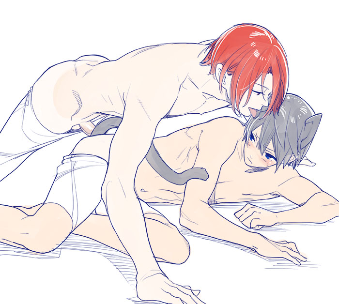 2boys abs anal animal_ears ass cat_ears cat_tail catboy erection free! gay haruka_nanase licking male male/male male_only matsuoka_rin multiple_boys muscle nanase_haruka_(free!) pecs penis red_hair rin_matsuoka straddling topless undressing yaoi