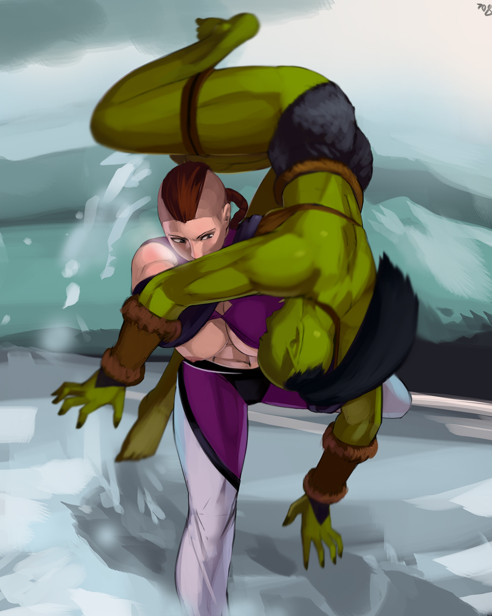 aka6 breasts cosplay female female/female green_skin human human_female juri_han juri_han_(cosplay) light-skinned_female light_skin nipples orc orc_female street_fighter world_of_warcraft