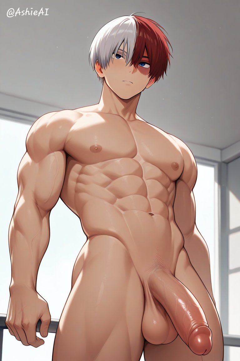 1boy, ai generated, artist name, ashieai, balls, bara, big penis, boku no hero academia, cock, gay, green hair, hi res, high resolution, highres, light skin, light-skinned male, low-angle view, male, male focus, male only, multicolored hair, muscles, muscular, muscular male, my hero academia, nipples, only male, penis, red hair, shiny, shiny body, shiny skin, short hair, shouto todoroki, six pack, solo, solo focus, solo male, todoroki shouto, yaoi