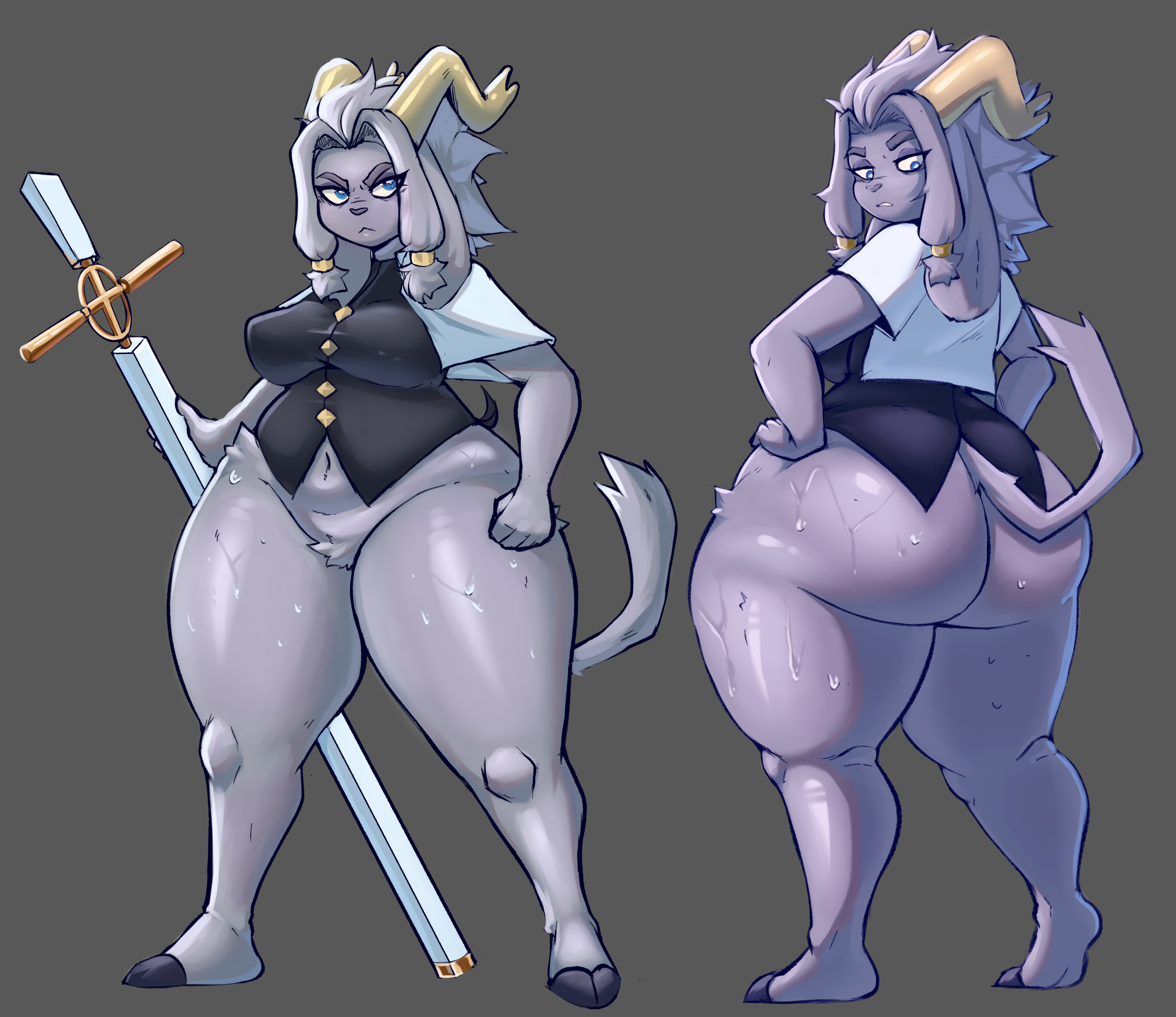 1girls, 2024, anthro, ass, big ass, bottom heavy, bottomless, breasts, bubble ass, bubble butt, fat ass, female, female only, fruityshork, grey fur, hands on hips, horns, huge ass, large ass, looking at ass, looking at self, looking back, medium breasts, pseudoregalia, solo, staff, sybil (pseudoregalia), thick ass, thick thighs, wide hips