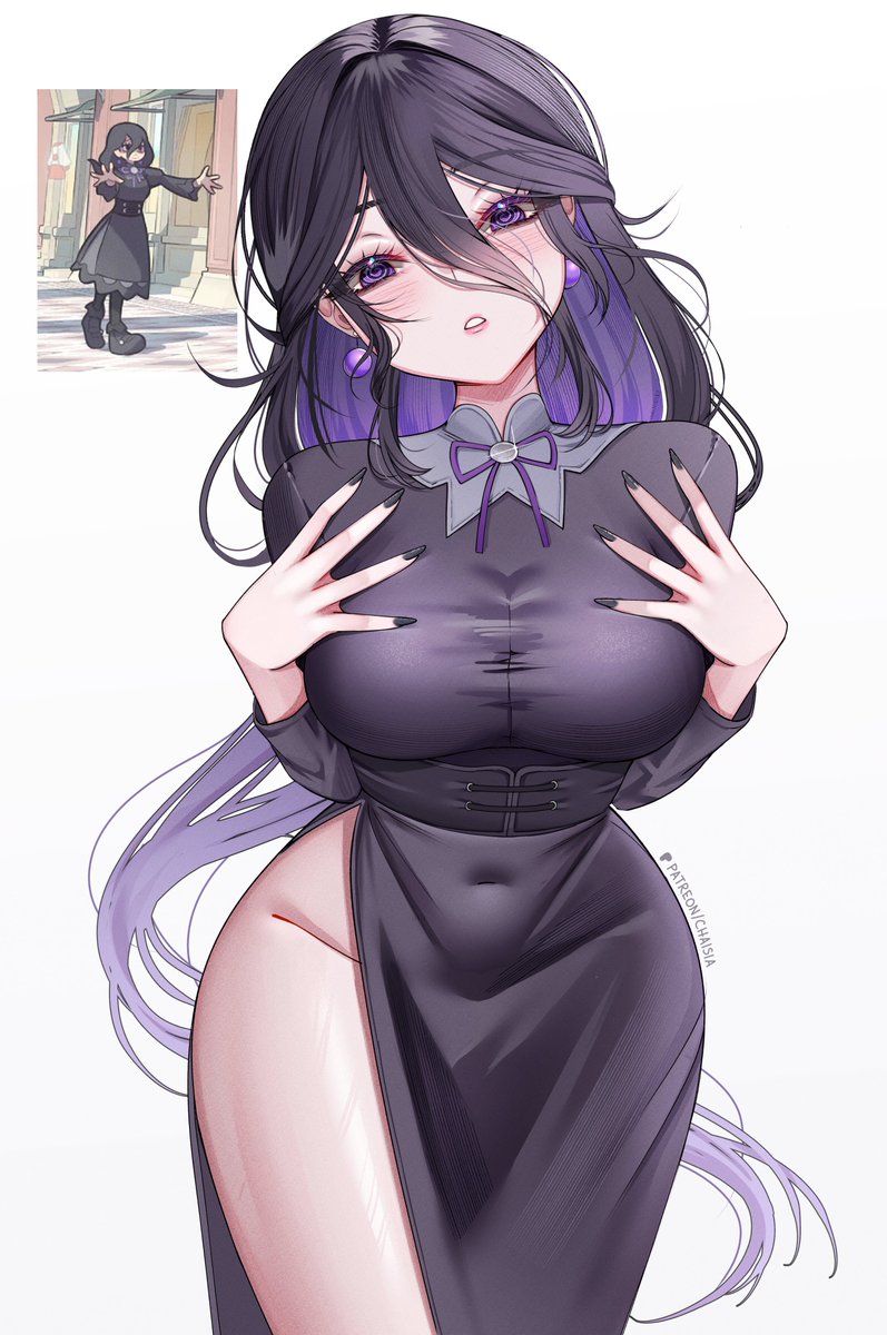 1girls, breasts, chaisia, dress, female, female focus, female only, game freak, hex maniac, hex maniac (pokemon legends: z-a), large breasts, light skin, light-skinned female, looking at viewer, nintendo, pokemon, pokemon legends: z-a, slit dress, solo, thighs, white background, wide hips